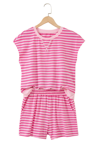 Pink Stripe Cap Sleeve Top and Elastic Waist Shorts Set