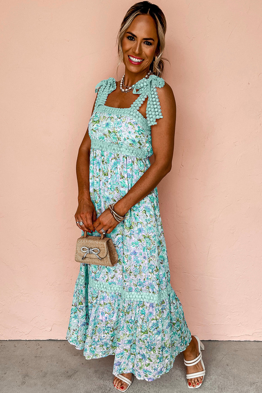 Pink Floral Lace Strap Empire Waist Maxi Dress