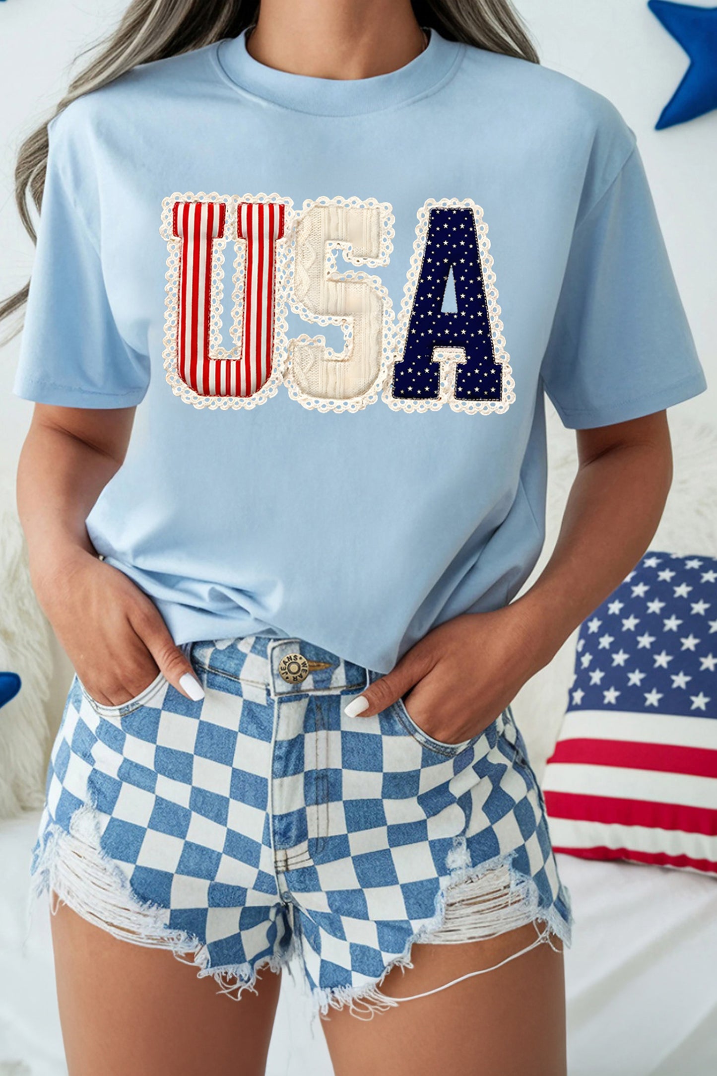 Light Blue USA Patchwork Tee Flag Day Independence