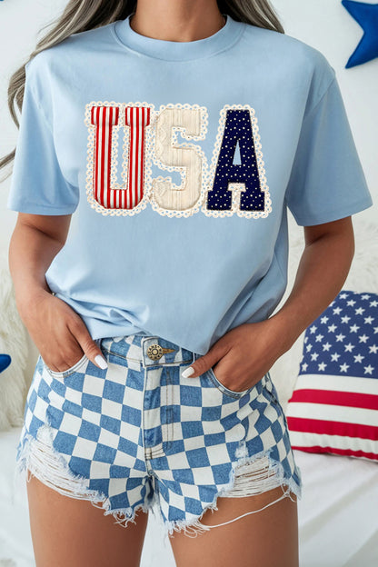 Light Blue USA Patchwork Tee Flag Day Independence
