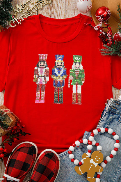 Red Sequined Christmas Graphic Cuffed Short Sleeve T Shirt