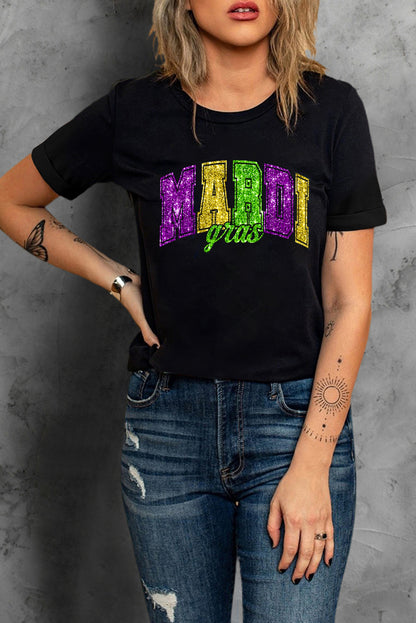 Black Glitter Mardi Gras Letter Graphic Heat Transfer Tee