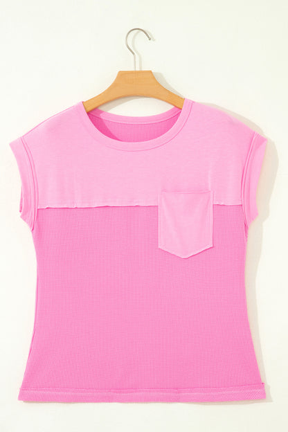 Waffle Knit Patchwork Pocket Loose Fit Casual T Shirt