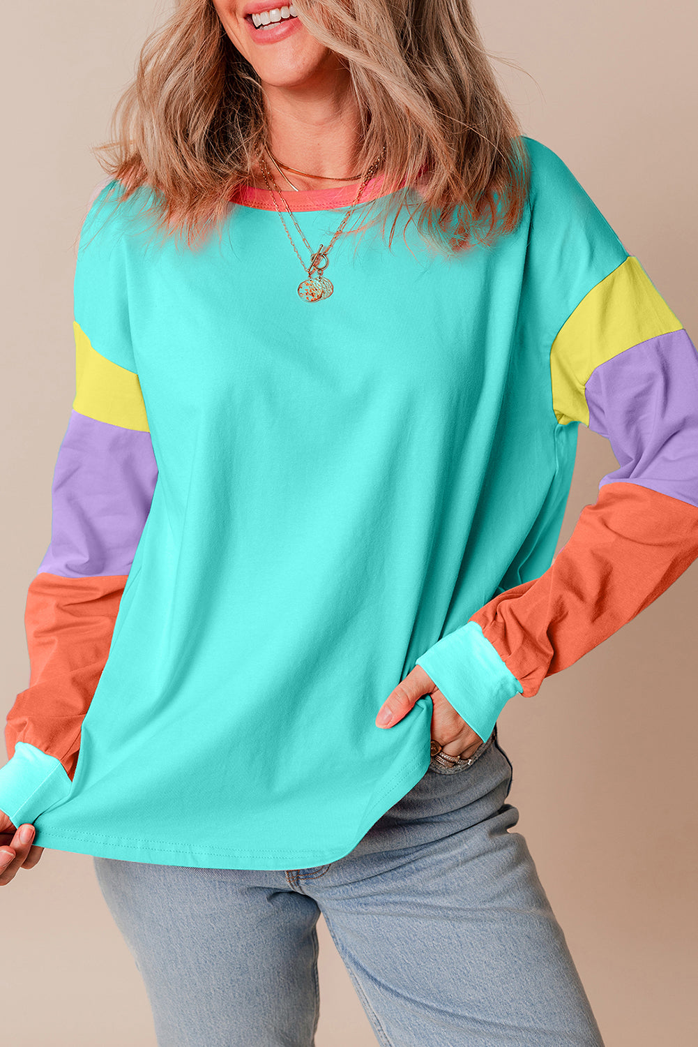 Green Colorblock Patchwork Long Sleeve Loose Top