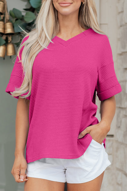 Strawberry Pink Waffle Knit V Neck Short Sleeve Casual Top