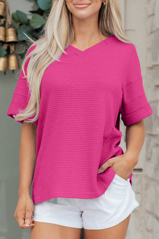 Strawberry Pink Waffle Knit V Neck Short Sleeve Casual Top