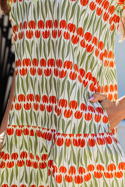 Tulip Floral Print Puff Sleeve V Neck Mini Dress