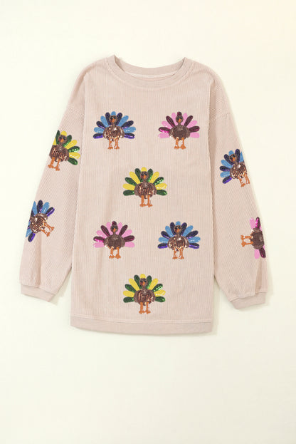 Sequined Turkey Corded Oversized Thanksgiving Sweatshirt