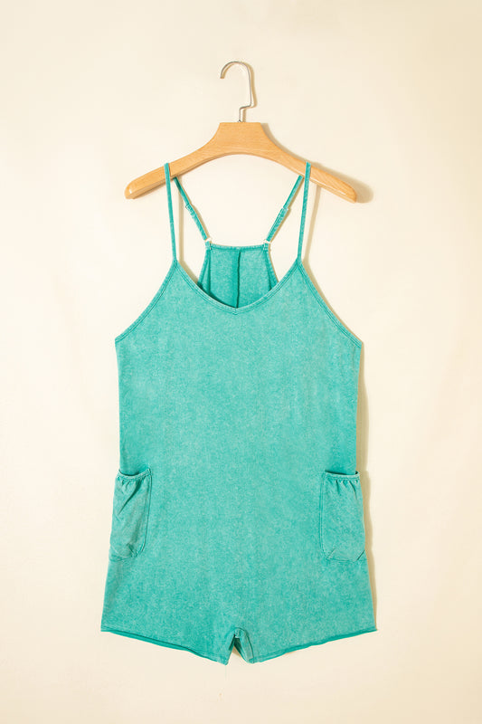 Mint Green Mineral Wash Cotton Pocket Romper