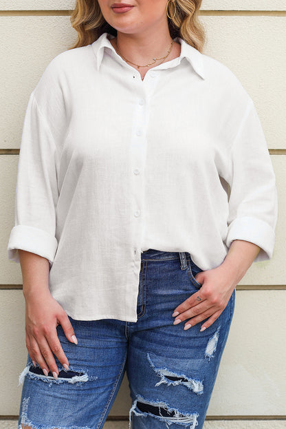 White Plus Size Linen Textured Button Up Shirt