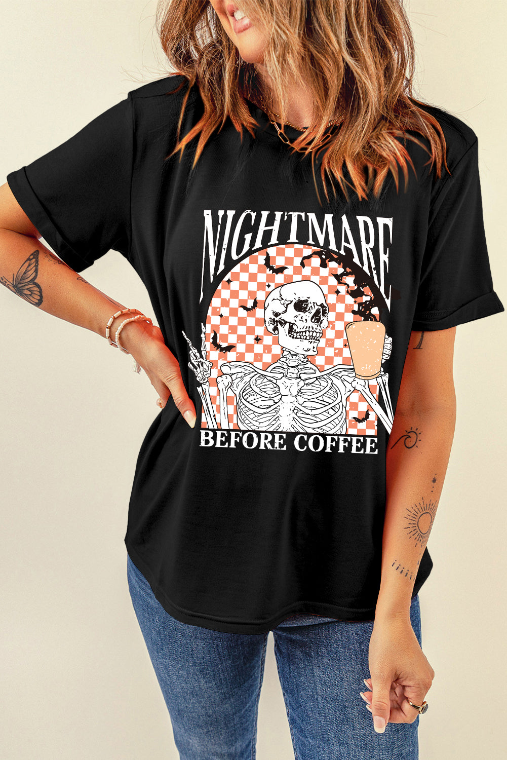 Black Nightmare Coffee Skeleton Halloween Graphic T Shirt