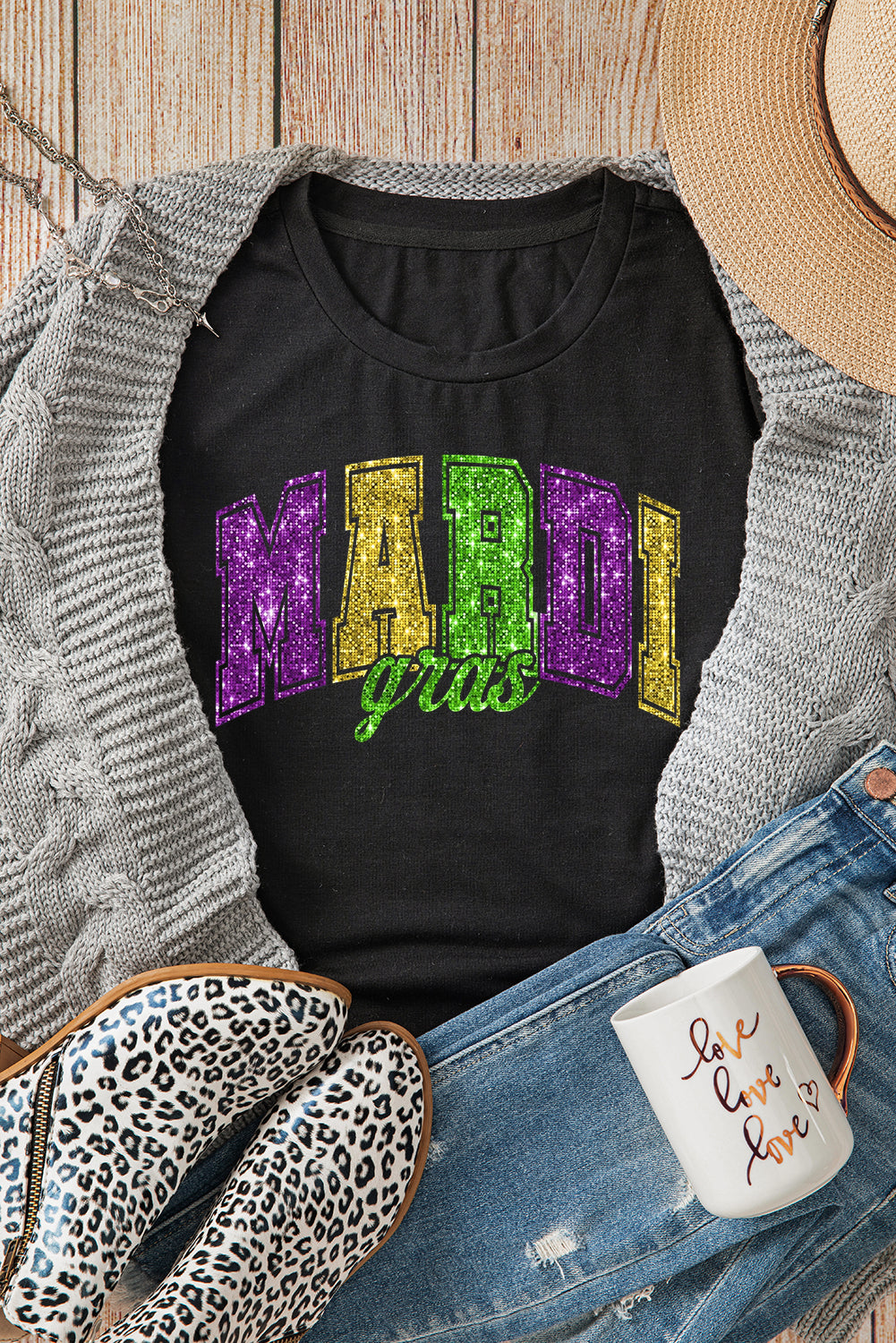 Black Glitter Mardi Gras Letter Graphic Heat Transfer Tee