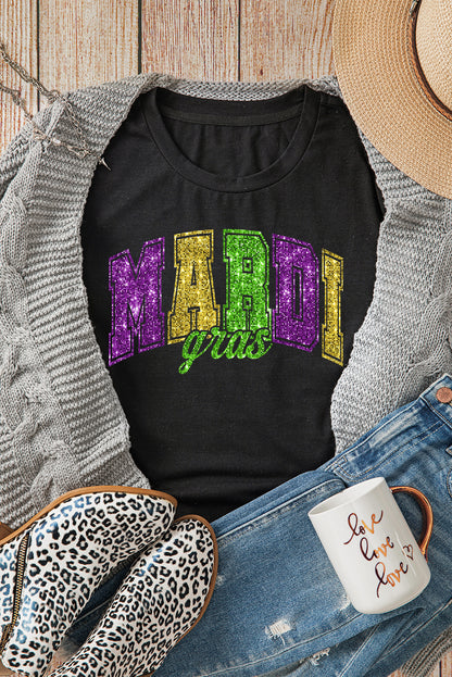 Black Glitter Mardi Gras Letter Graphic Heat Transfer Tee