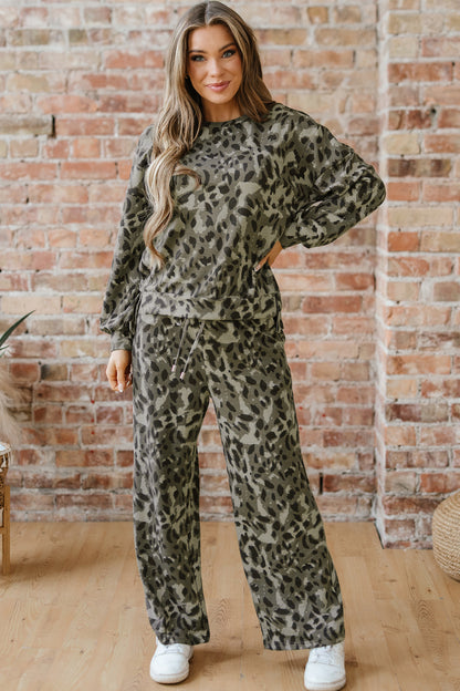 Leopard Print Pullover Two Piece Lounge Set