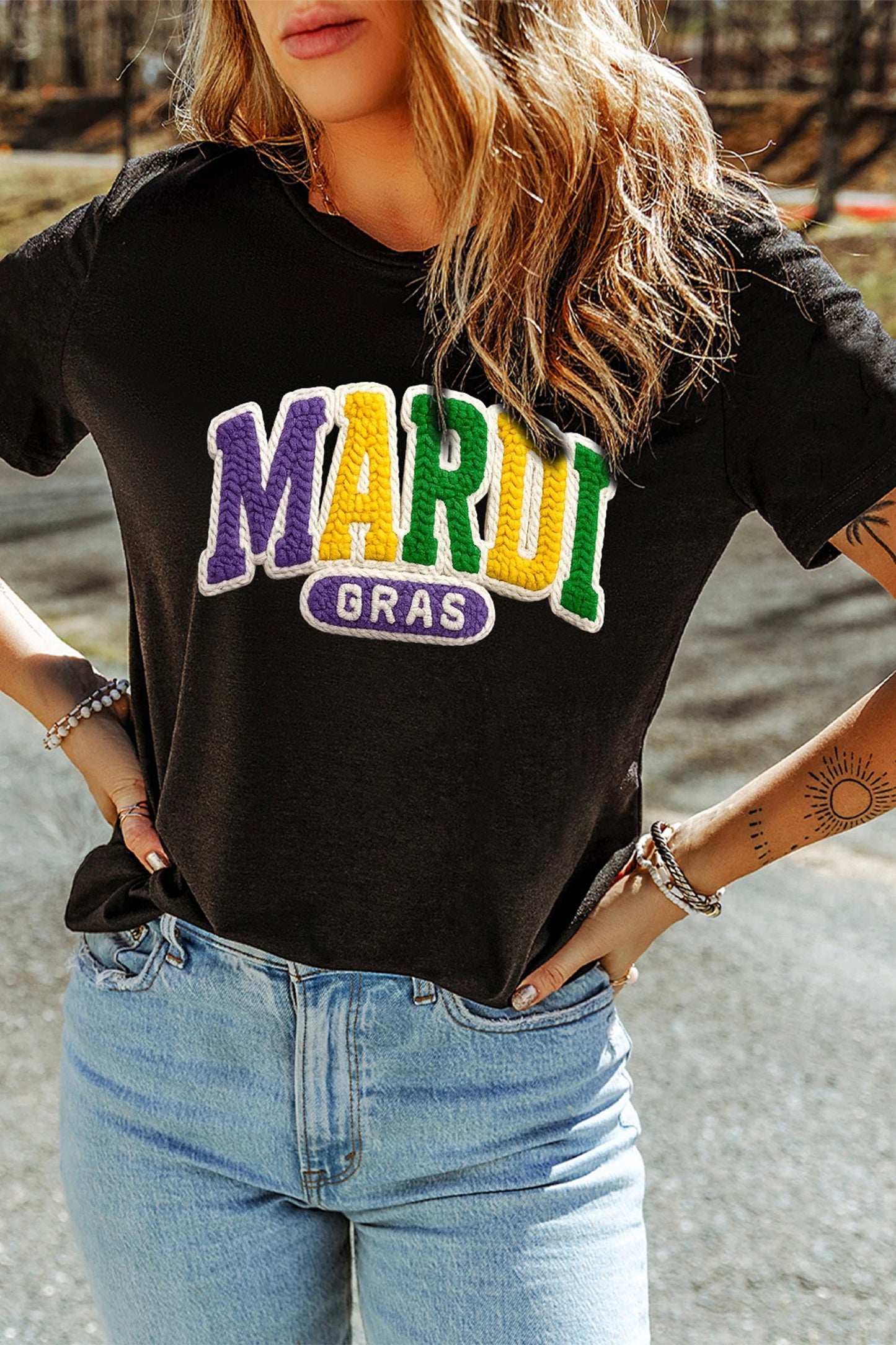 Black Mardi Gras Faux Yarn Letter Graphic Tee