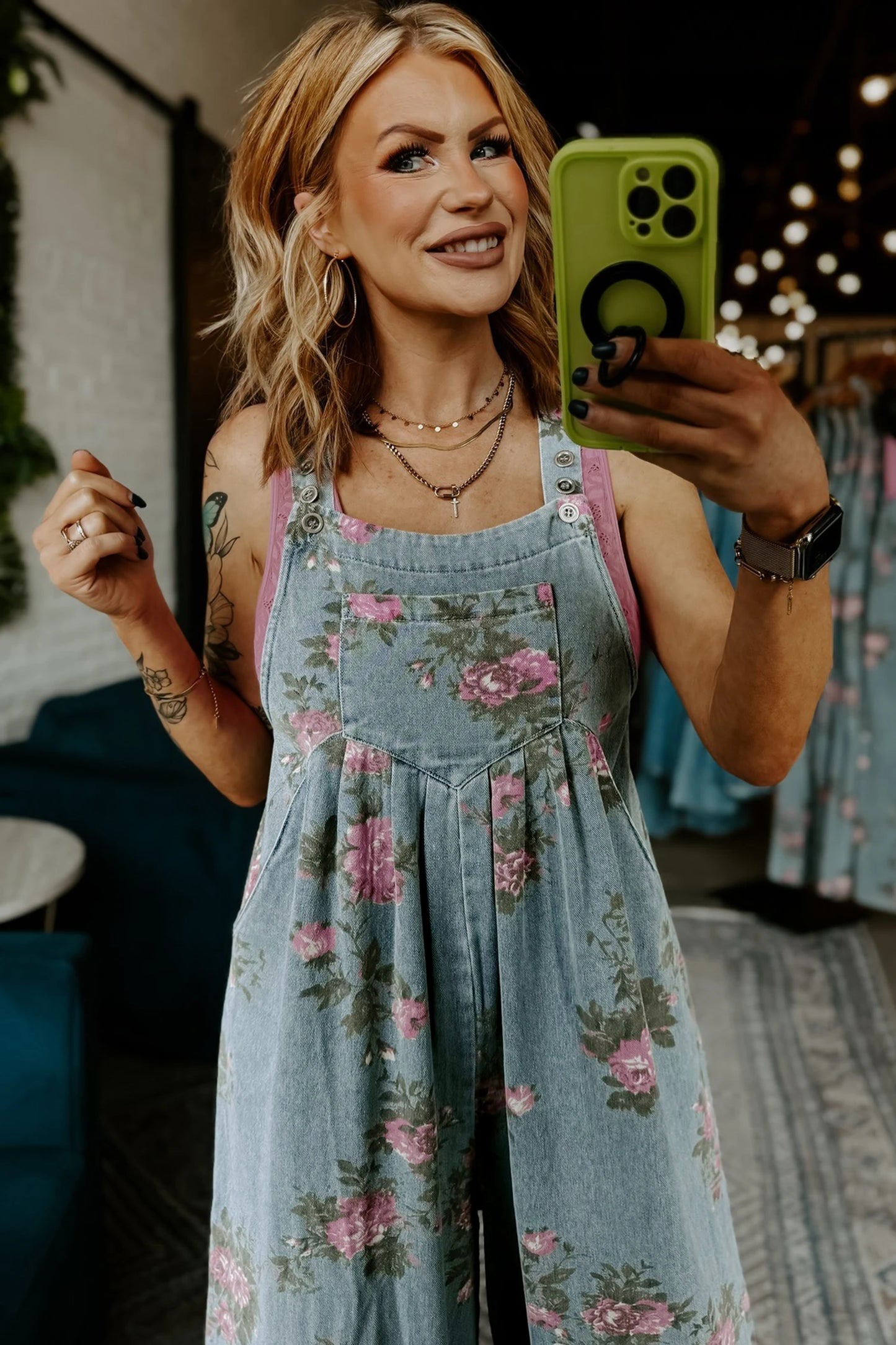Blue Floral Wide Leg Denim Jumpsuit with Adjustable Straps