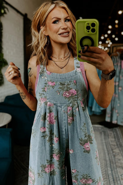 Blue Floral Wide Leg Denim Jumpsuit with Adjustable Straps