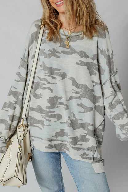 Retro Camo Drop Shoulder Oversized Sweatshirt for Women