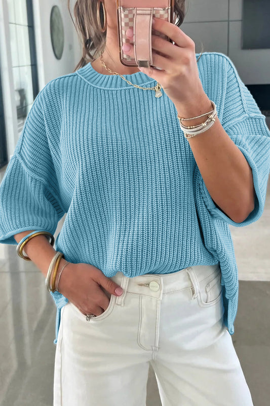 Mist Blue Waffle Knit Oversized Half Sleeve Sweater Top