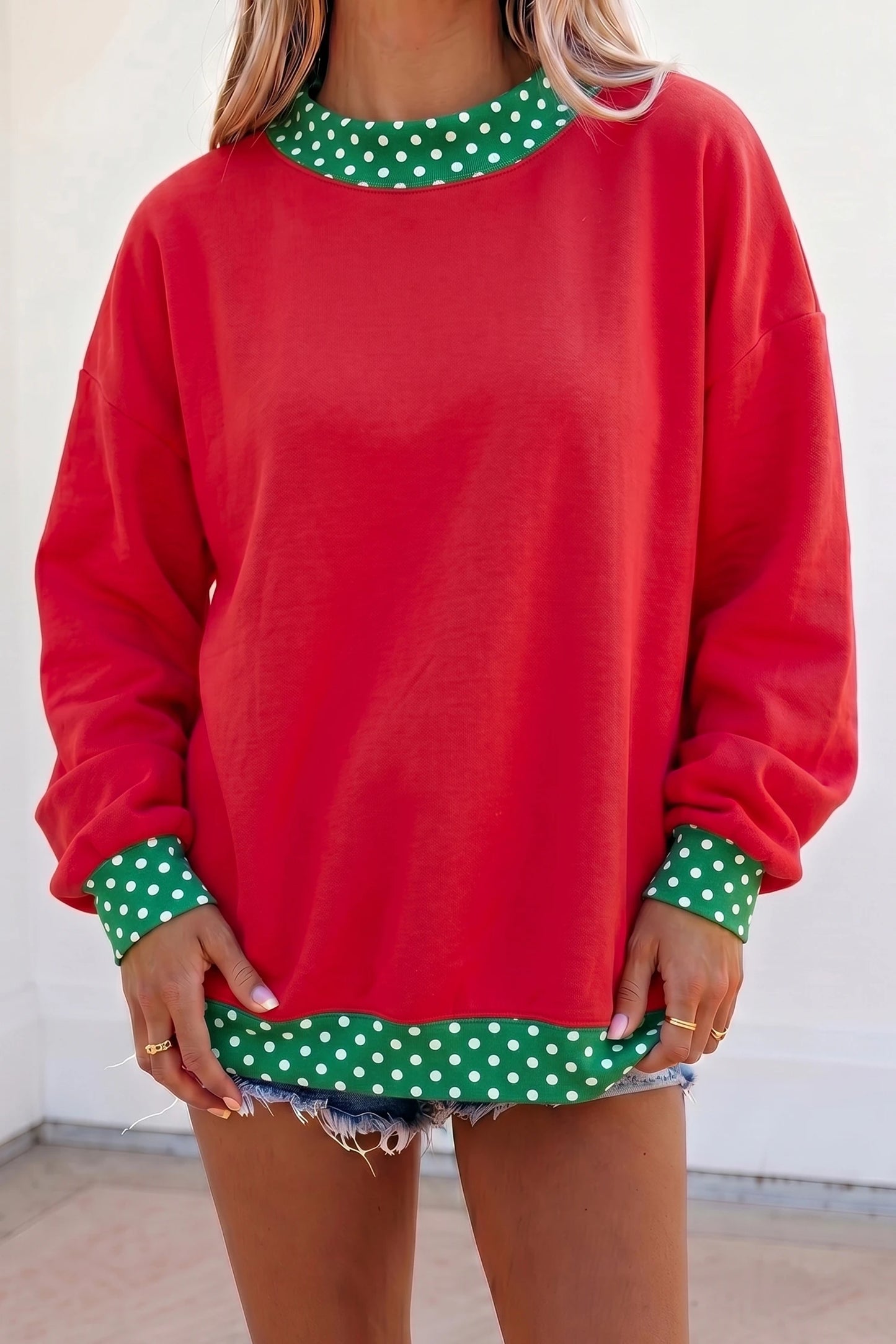Red Polka Dot Trim Oversized Colorblock Sweatshirt