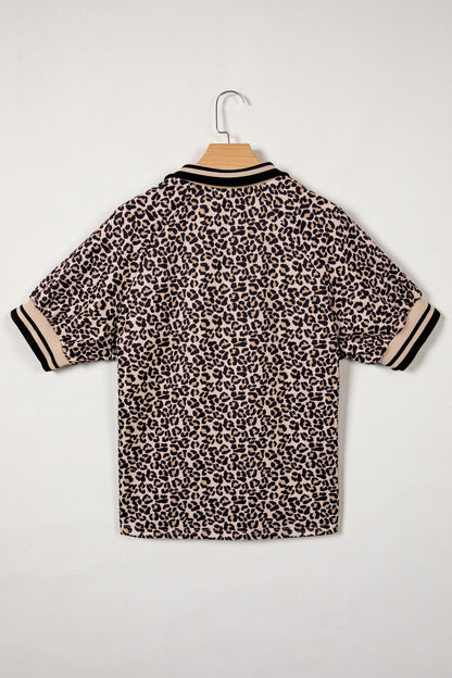 Women’s Leopard Print Half Zip Stripe Trim Top