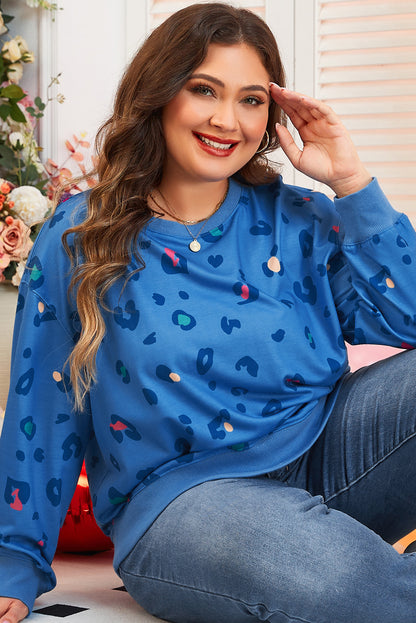 Sky Blue Leopard Ribbed Edge Drop Shoulder Pullover Sweatshirt