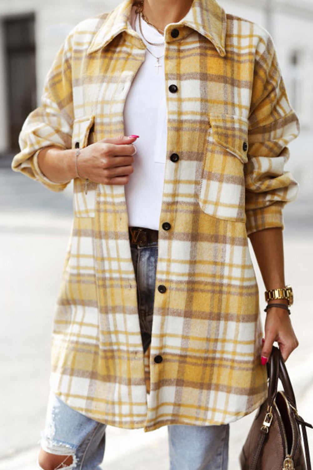 Plaid Long Sleeve Shacket with Flap Pockets
