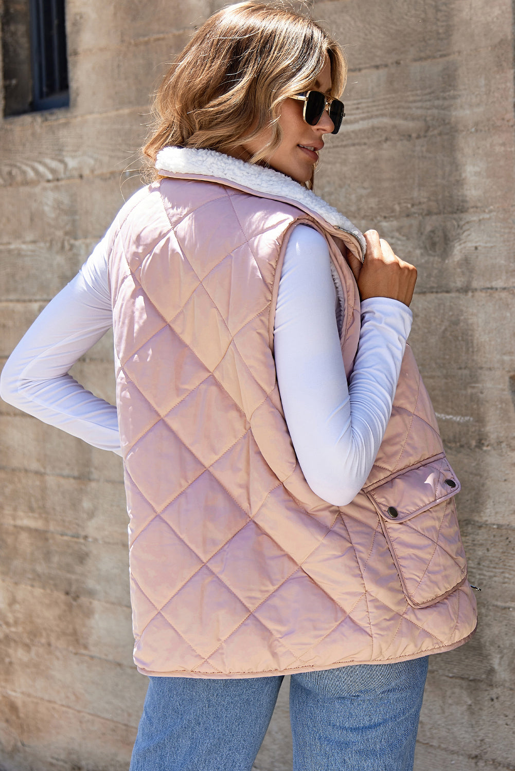 Pink Fleece Lined Quilted Zip Up Vest Jacket