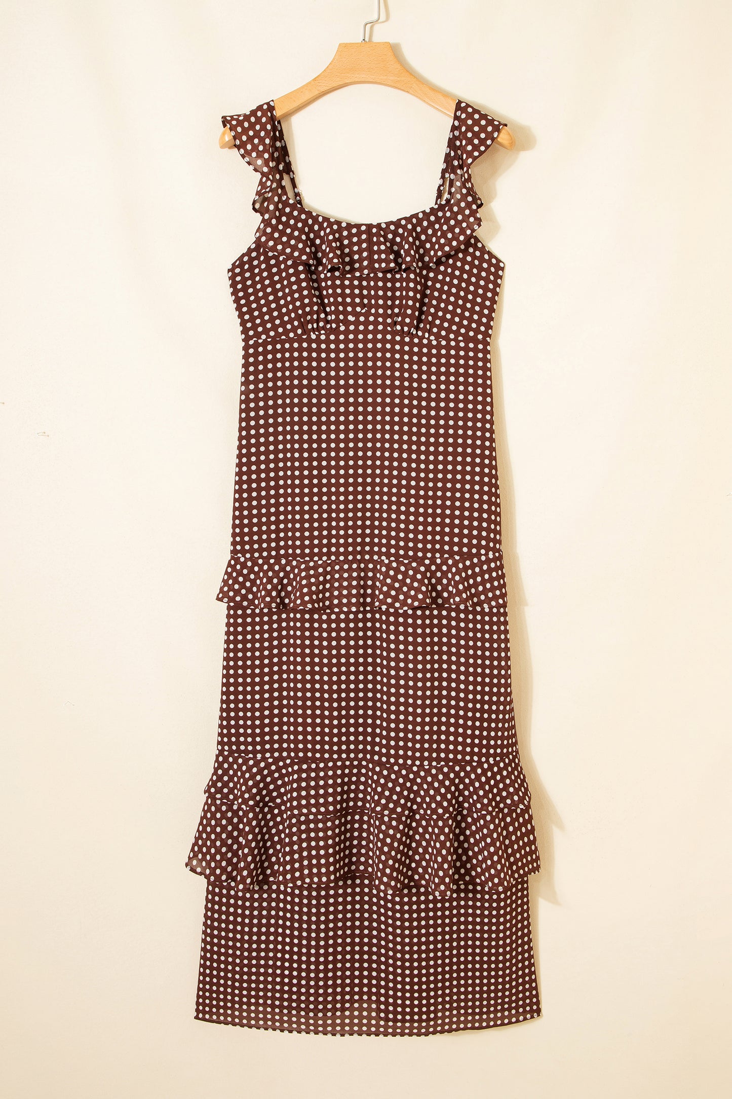 Brown Polka Dot Ruffle Tiered Square Neck Maxi Dress
