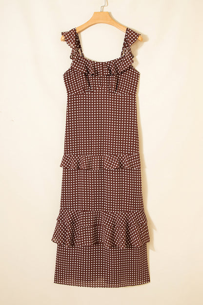Brown Polka Dot Ruffle Tiered Square Neck Maxi Dress