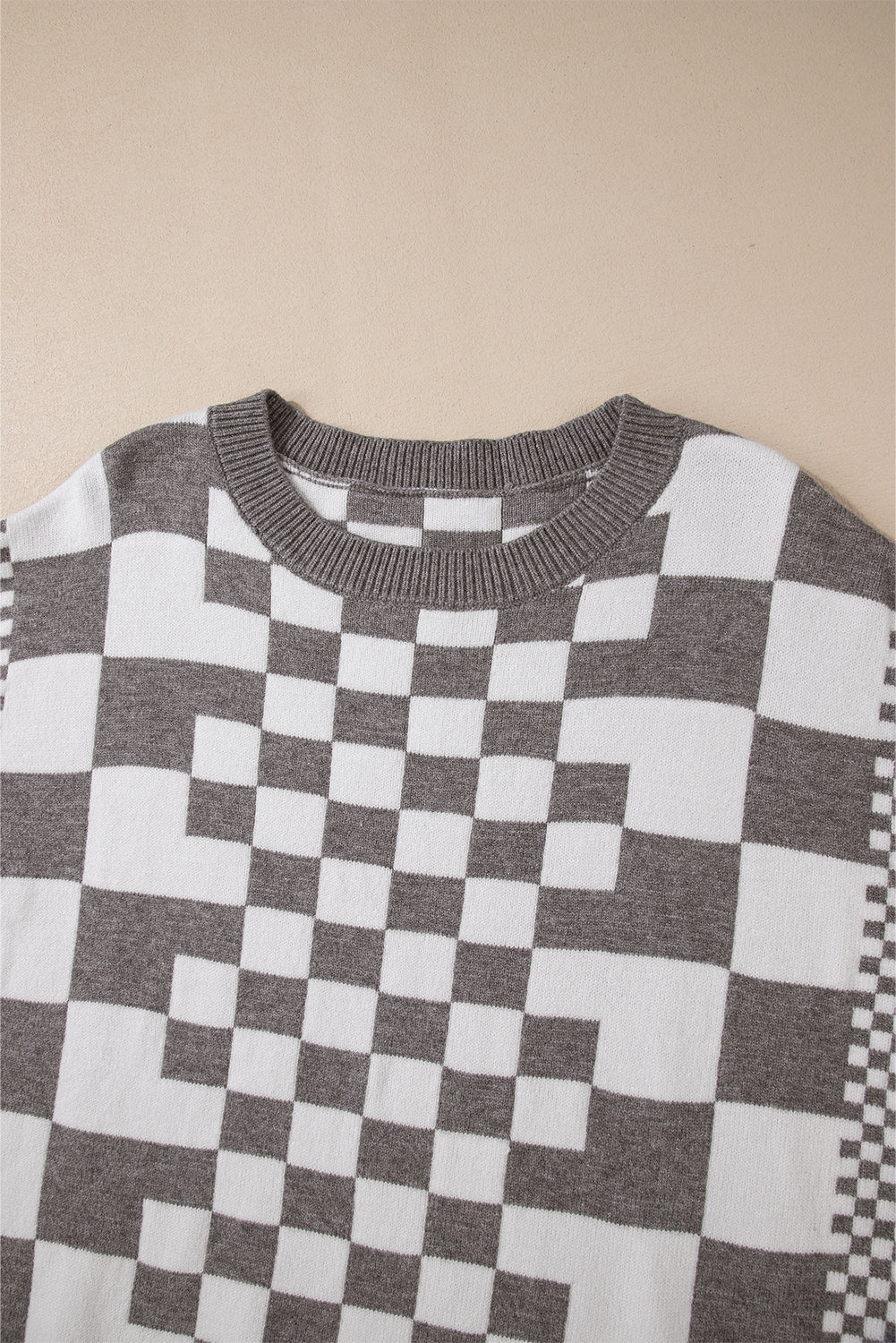 Women’s Brown Checkerboard Drop Shoulder Sweater Top