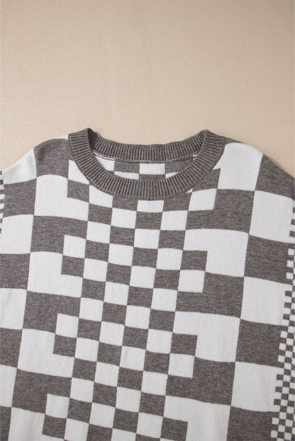 Women’s Brown Checkerboard Drop Shoulder Sweater Top