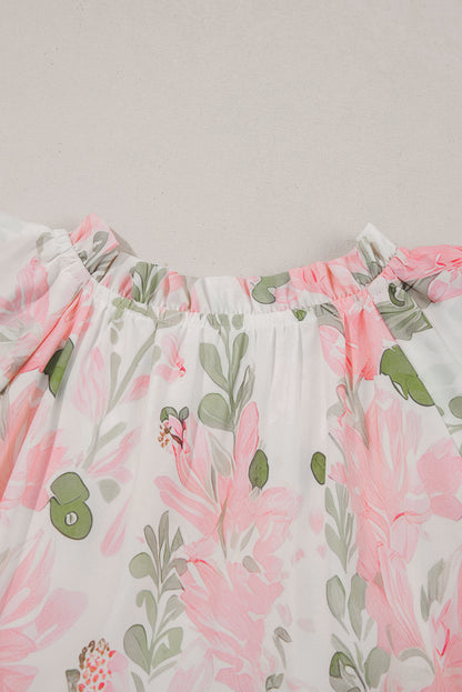 Sky Blue Floral Ruffle Sleeve Tie Neck Mini Dress