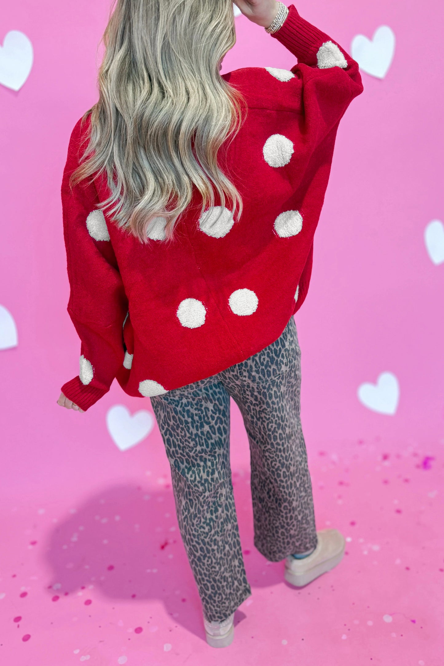 Polka Dot Oversized V Neck Knit Cardigan Sweater
