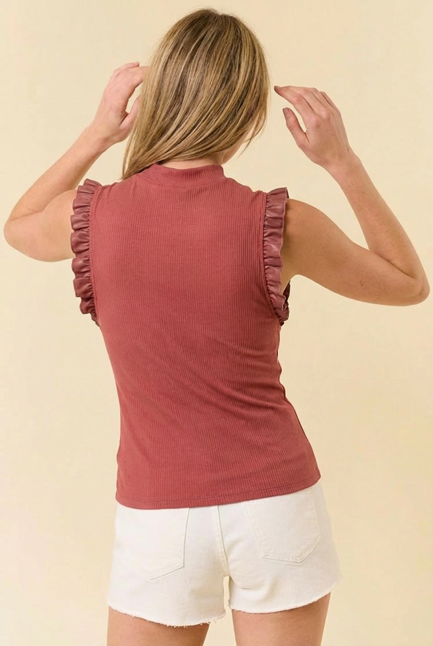 Ribbed Mock Neck Ruffle Sleeve Fitted Tank Top