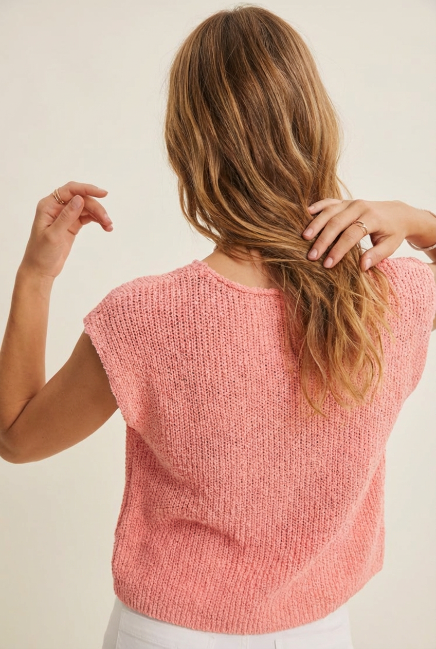 Slub Knit Split Neck Relaxed Short Sleeve Sweater Top