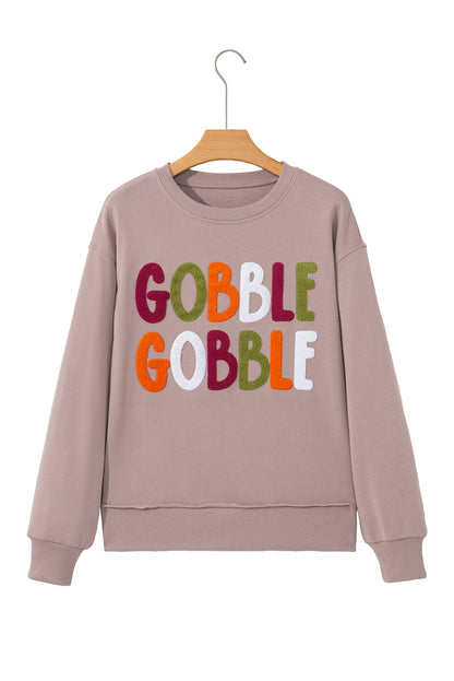 Khaki Gobble Gobble Chenille Letter Thanksgiving Sweatshirt