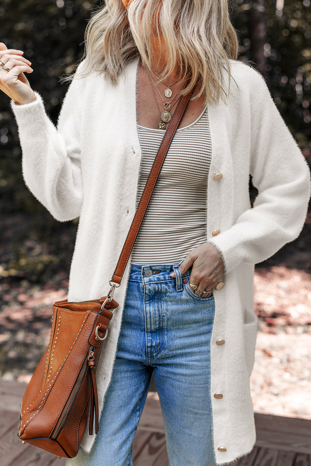 Soft Fuzzy Button Front Long Knit Cardigan with Pockets