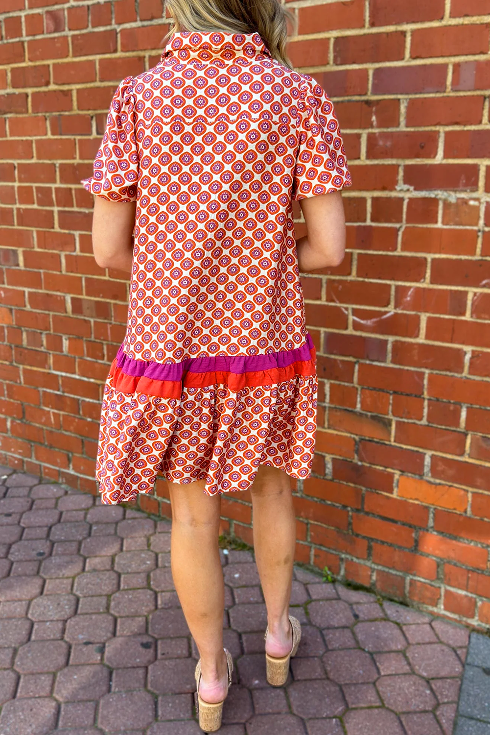 Orange Geometric Print Button Front Ruffle Hem Mini Dress