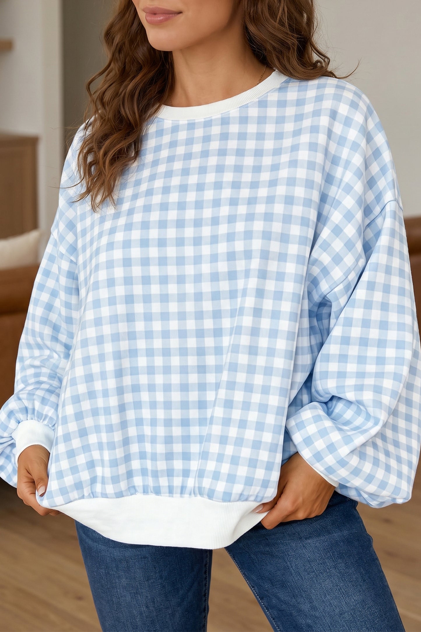 Gingham Plaid Sweatshirt Oversized Puff Sleeve Pullover