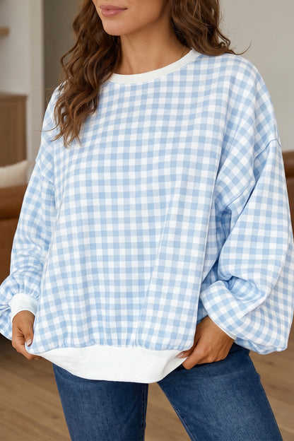 Gingham Plaid Sweatshirt Oversized Puff Sleeve Pullover