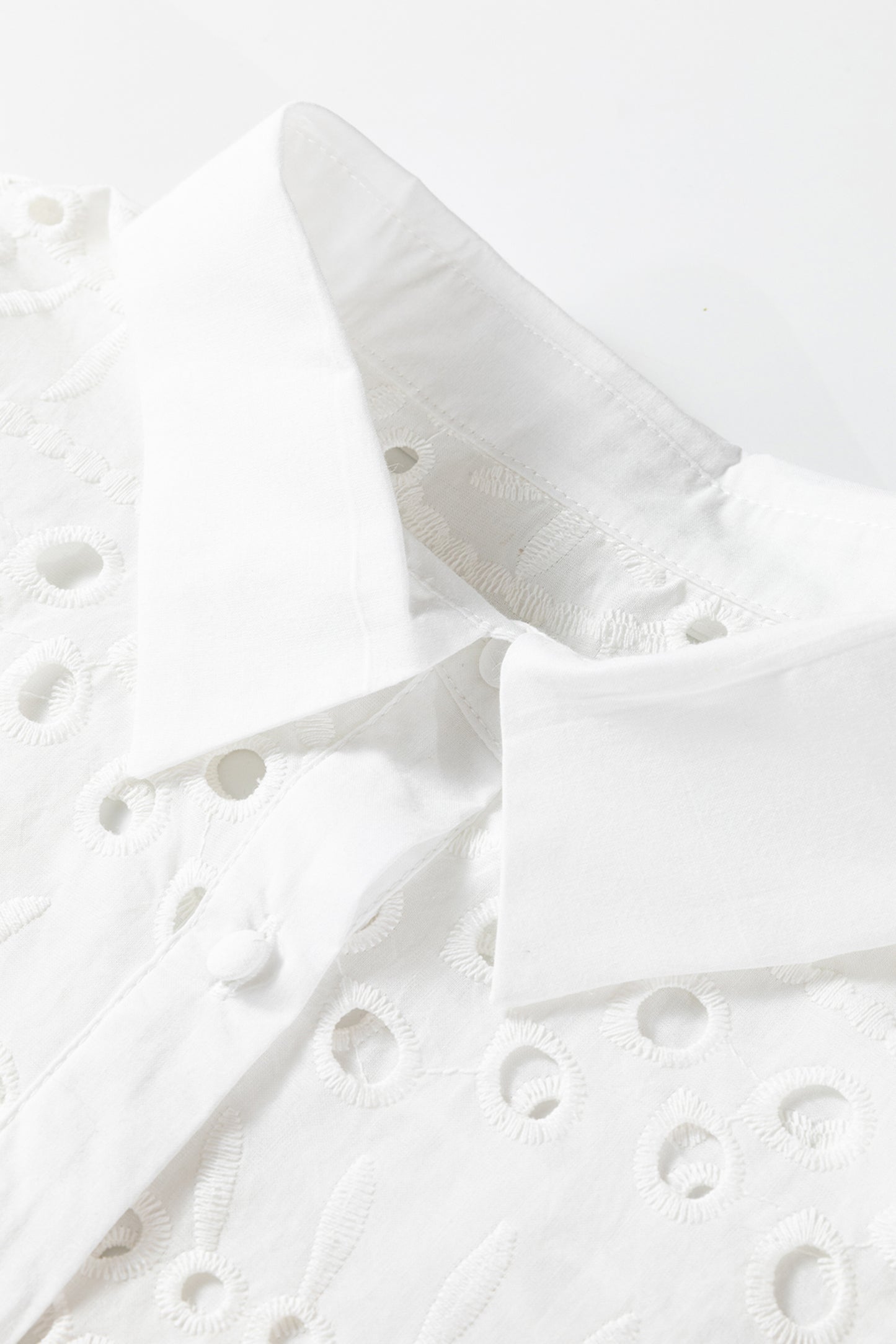White Eyelet Embroidered Puff Sleeve Button Crop Shirt