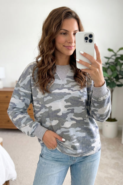 Grey Camouflage Long Sleeve Crew Neck Casual Pullover Top