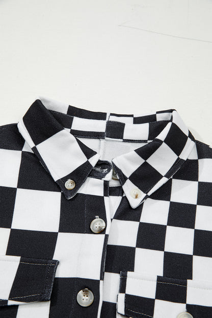 Checkerboard Print Flap Pocket Button Front Shacket