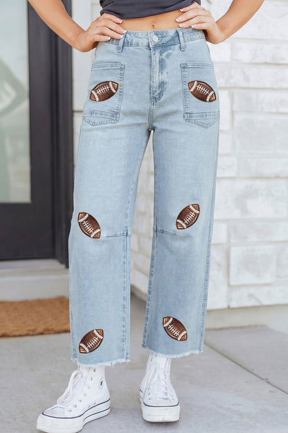 Game Day Sequin Football Patch Wide Leg Raw Hem Jeans
