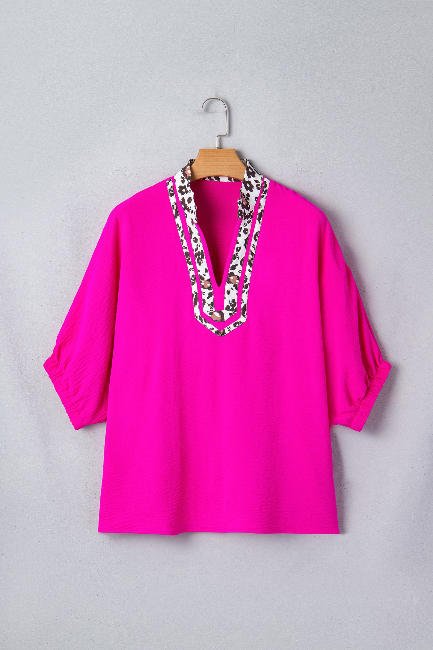 Rose Leopard Trim V Neck Dolman Sleeve Blouse Loose Fit Top