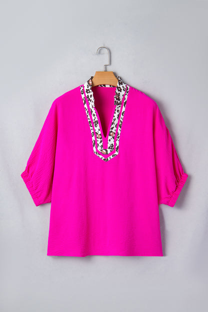 Rose Leopard Trim V Neck Dolman Sleeve Blouse Loose Fit Top