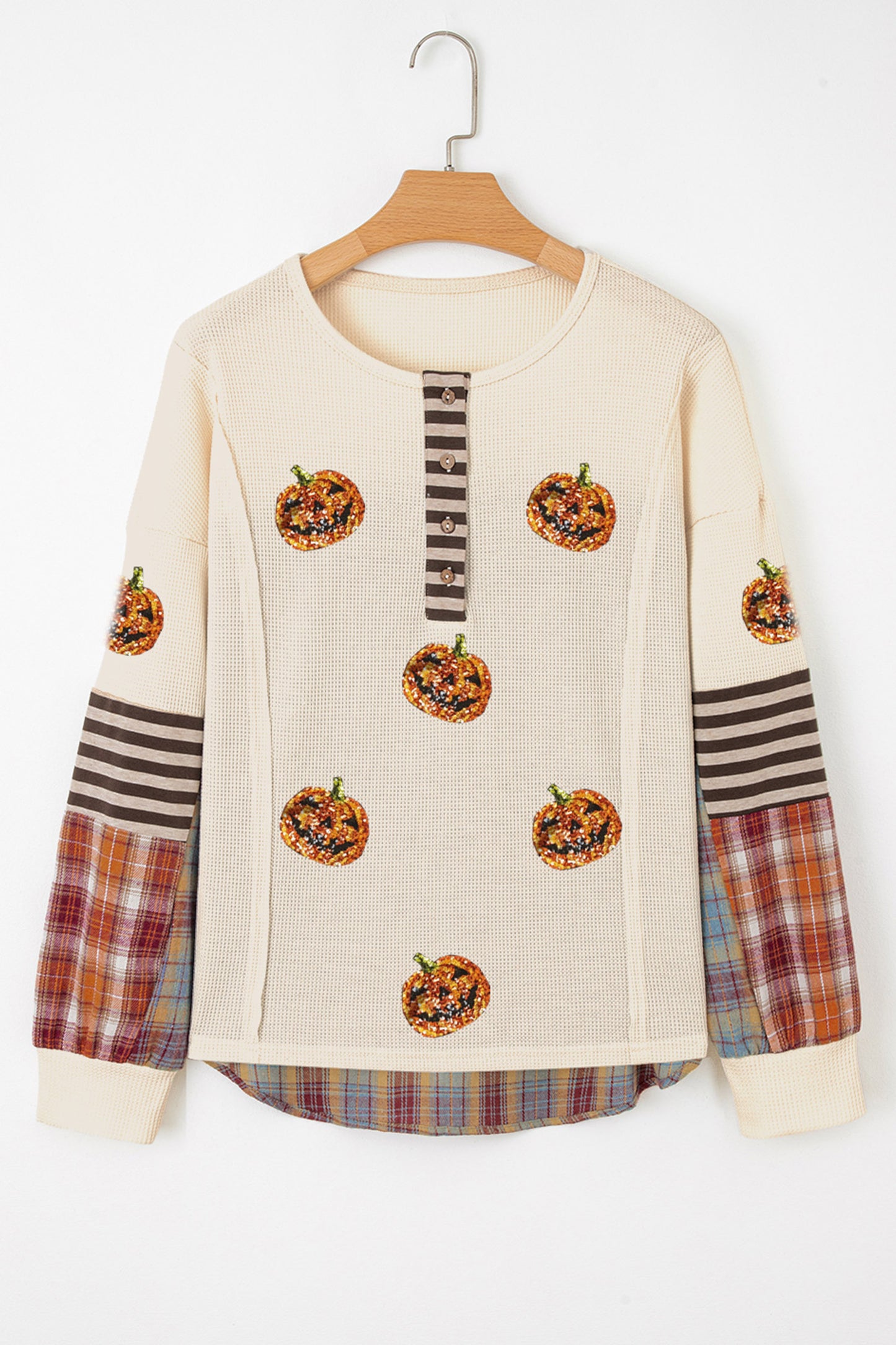 Sequin Pumpkin Waffle Henley Plaid Sleeve Halloween Top