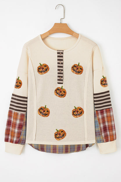 Sequin Pumpkin Waffle Henley Plaid Sleeve Halloween Top