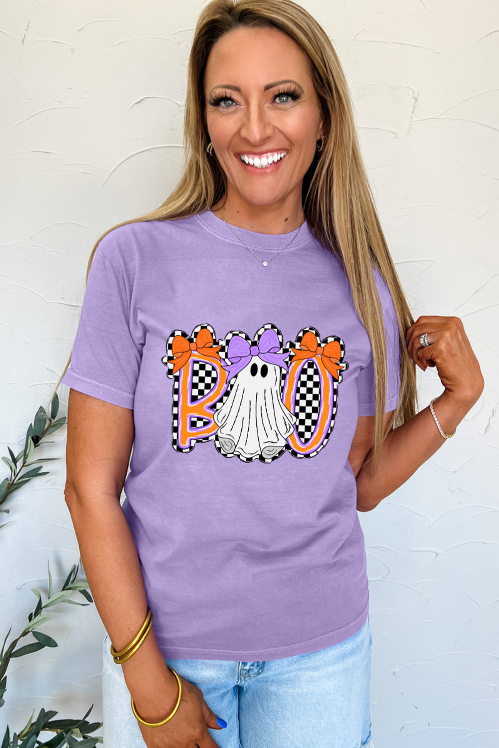 Purple Boo Ghost Halloween Graphic Tee with Bow Design